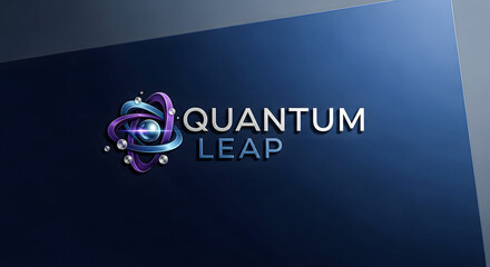 A futuristic logo featuring a stylized atom design with a leap theme on a blue gradient background