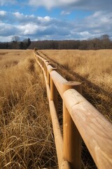 Scenic countryside landscape with wooden fence stretching through golden dry grass field under cloudy blue sky, peaceful rural meadow view with autumn atmosphere and natural outdoor background