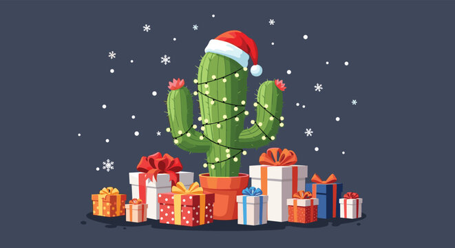Festive cactus adorned with christmas lights wearing a santa hat surrounded by presents.