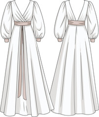 Elegant long sleeve maxi dress fashion flat sketch, technical drawing template, women’s clothing design, front and back apparel illustration
