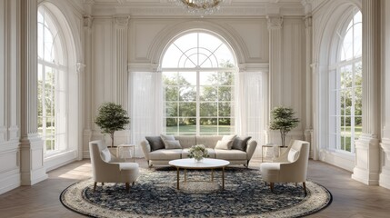 Fototapeta premium Elegant and Spacious Modern Living Room Design with Large Windows and Luxurious Finishes
