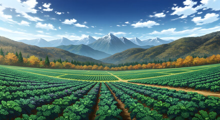Autumn Anime Landscape with Green Kale Fields, Snow-Capped Mountains, and Fall Trees.