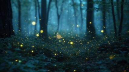 Enchanting twilight forest scene with fireflies illuminating the undergrowth