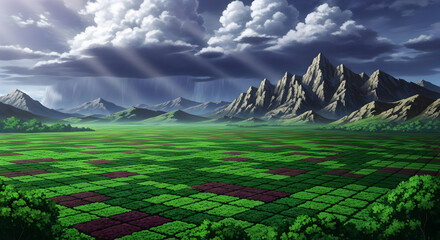 Dramatic Anime Landscape with Checkered Fields and Stormy Sky Over Mountains.