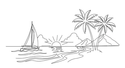 A serene tropical island paradise with palm trees and a sailboat at sunset.