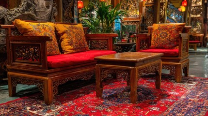 Elegant Wooden Furniture Set with Intricate Carvings and Colorful Cushions in a Traditional Asian Interior Setting