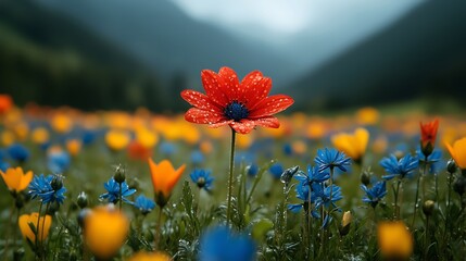 Close-Up of a Vibrant Red Flower (Covered in Tiny Water Drops): Deep Blue-Purple Center, Soft Blurred Background of Colorful Flower Field (Blue/Yellow/Orange)