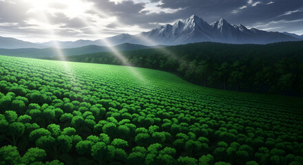 Serene Anime Landscape with Sun Rays Over Vast Kale Field and Distant Mountains.