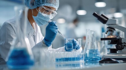 A scientist in protective gear is carefully pipetting blue liquid into a beaker in a laboratory. Various glassware and equipment are visible in the background, showcasing a busy research environment.
