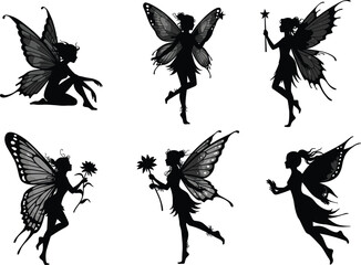 Beautiful fairy silhouette set with butterfly wings, magical fantasy design, floral decoration, enchanted artwork, mystical creature illustration, elegant vector art