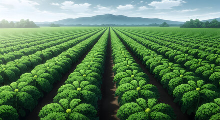 Bright Anime Landscape with Endless Rows of Green Kale Plants and Distant Mountains.