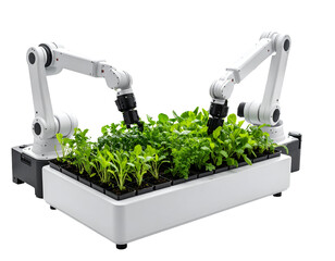 Advanced robotic arms tending to a vibrant array of fresh greens in a modern agricultural setup.