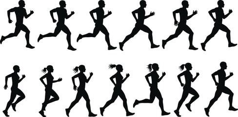 Running silhouettes of men and women athletes, jogging exercise vector illustration, fitness training artwork, marathon sport concept, healthy lifestyle design