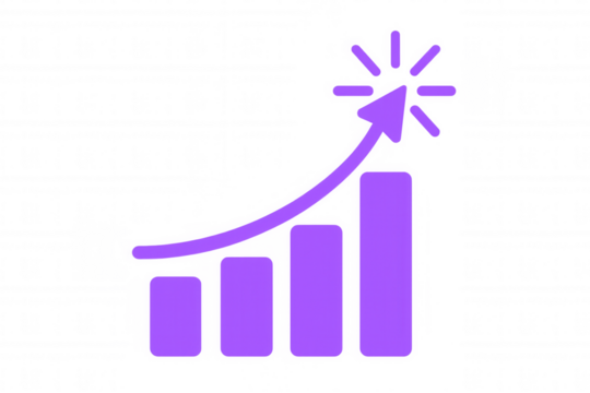 Purple bar chart icon illustrating growth, financial progress, business success, marketing and data analytics