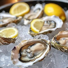 Fresh oysters on ice with lemon wedges, a luxurious seafood delicacy served chilled and ready to be enjoyed by seafood lovers