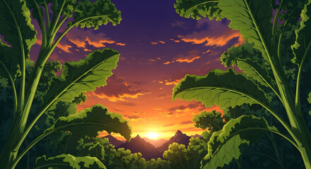 Vibrant Anime Sunset Landscape with Lush Kale Framing Distant Mountains.