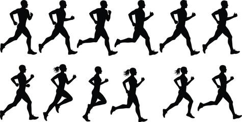 Silhouettes of male and female runners in motion, jogging exercise illustration, fitness training vector artwork, marathon competition, healthy lifestyle concept