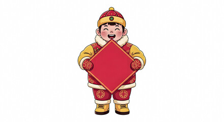 A cartoon child in traditional dress holding a red square sign