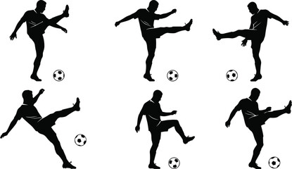 Soccer player silhouettes kicking football, athlete in action pose, sports training vector artwork, fitness movement illustration, competitive game design, running athlete