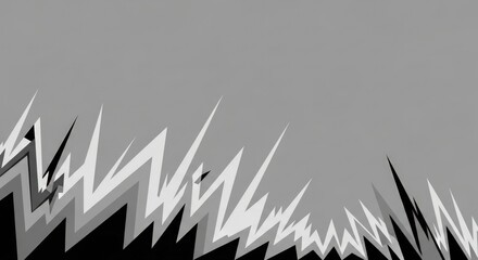 Abstract graphic design featuring jagged, layered lines in shades of black, white, and gray against a solid gray background.