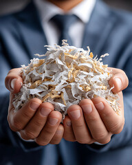 A person in a suit holds a heap of shredded paper, symbolizing secure document disposal, data privacy, and corporate recycling.