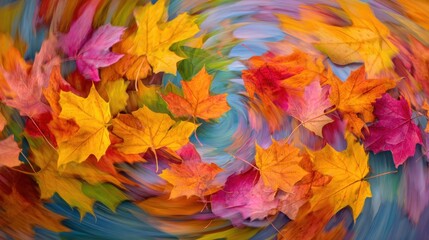 Brightly colored leaves in shades of red, orange, and yellow swirl together on a blue background, capturing the essence of autumn. This lively arrangement reflects the seasons beauty.
