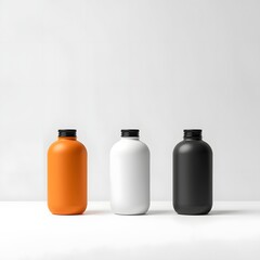 Elegant lineup of matte bottles in orange, white, and black with black caps, modern packaging design template perfect for branding concepts, mockups, and stylish product presentation photography