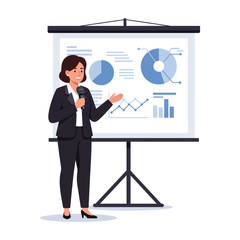 Vector art of professional woman in a suit presenting business analytics and charts on a flip chart