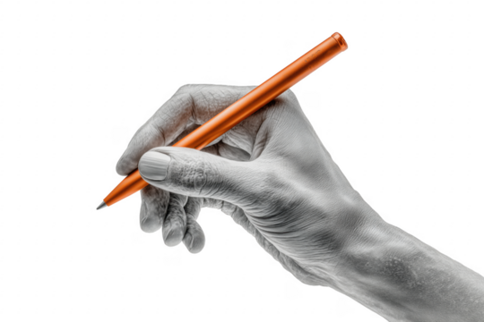 Artistic rendering of a hand holding a bright orange pen on a stark transparent background.
