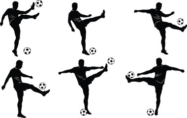 Soccer player silhouettes, football athlete kicking ball, sportsman vector, team sport illustration, running man artwork, competitive game design, training action pose