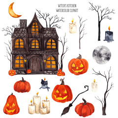 Fototapeta premium Watercolor hand draw Halloween illustration with witches house interior, house, pumpkins, fireplace, spooky clipart, dark house, isolated on white background