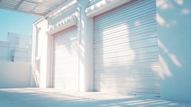 Bright and Modern Industrial Warehouse with Shuttered Doors and Soft Shadows on the Ground in a Clear Blue Sky