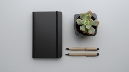 Minimalist workspace flat lay with black notebook, succulent plant in pot, pen and pencil on grey background, ideal for productivity themes, creative design, and modern office lifestyle concepts