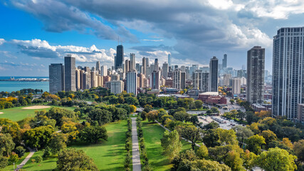 Chicago skyline aerial drone view from above, city of Chicago downtown skyscrapers cityscape bird's...