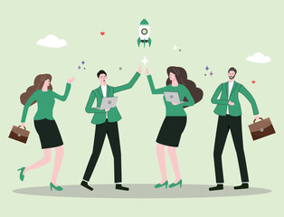Fototapeta premium Two high-fives symbolize teamwork and shared success, while a rocket launch with sparkles highlights progress, innovation, and employee appreciation in a supportive work culture.