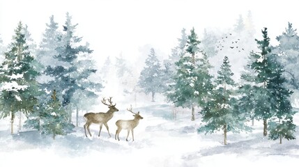 Two deer stand peacefully in a snow-covered forest, surrounded by tall evergreen trees. Soft light filters through the winter landscape, creating a tranquil atmosphere.