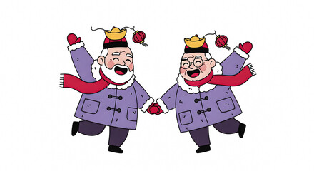 Two cartoon kings dancing happily together wearing purple coats and crowns