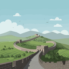 Vector Illustration of the Great Wall of China in Modern Style with Green Hills and Blue Sky