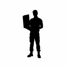 Technician holding shield icon projection in front of computer silhouette