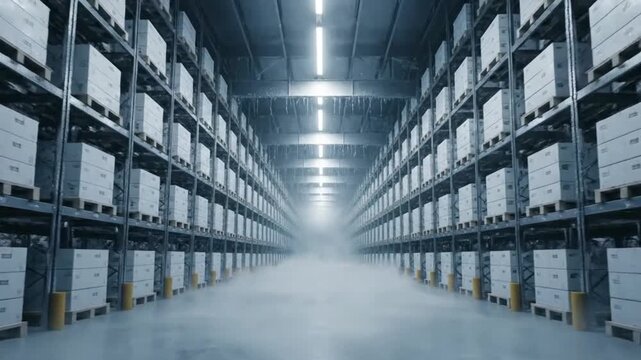 Moving through a vast, modern cold storage warehouse with endless rows of shelves stacked with boxes.