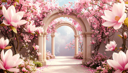 Fototapeta premium Pink magnolia blossoms archway garden pathway cherry blossoms stone archway