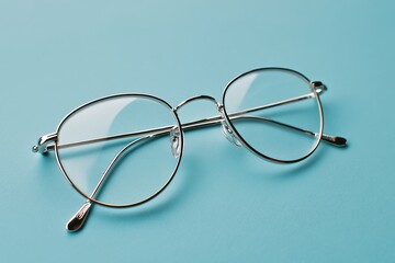 Modern reading glasses with thin metal frame resting on a powder blue background ideal for stylish vision assistance