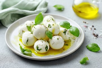 Fresh mozzarella balls topped with basil and drizzled with olive oil on a light green background