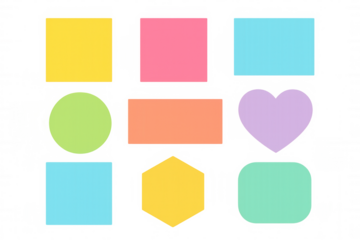 Colorful pastel geometric shapes collection on transparent background: squares, circles, rectangles, hearts, hexagon elements