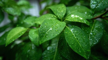 Lush green leaves display a myriad of tiny droplets as water clings to their surface, capturing the essence of a rainy afternoon in the garden. The vibrant colors enhance the overall freshness.