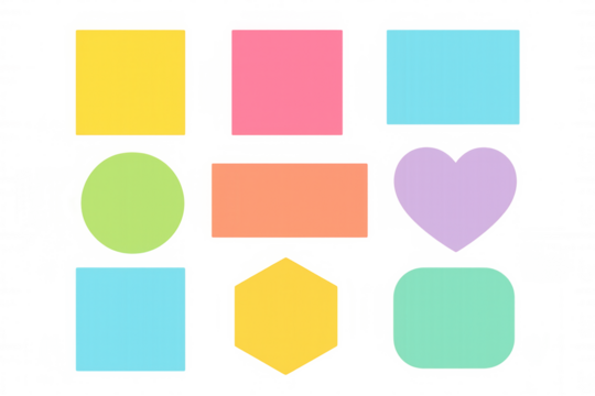 Colorful pastel geometric shapes collection on transparent background: squares, circles, rectangles, hearts, hexagon elements