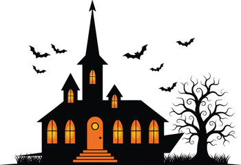 Haunted house with glowing windows, flying bats, twisted trees, spooky atmosphere, Halloween theme, vector illustration for eerie stock content design