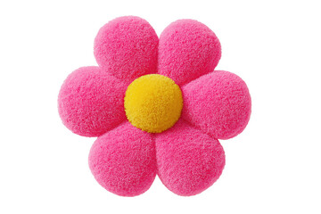 Bright pink plush flower shaped cushion with soft texture and yellow center on transparent background