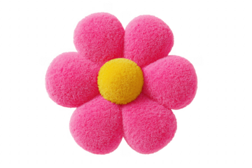 Bright pink plush flower shaped cushion with soft texture and yellow center on transparent background
