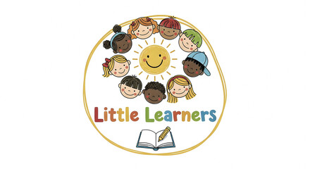 Little Learners A Bright and Cheerful Logo Featuring Diverse Children Smiling Around a Sunny Face and an Open Book with a Pencil